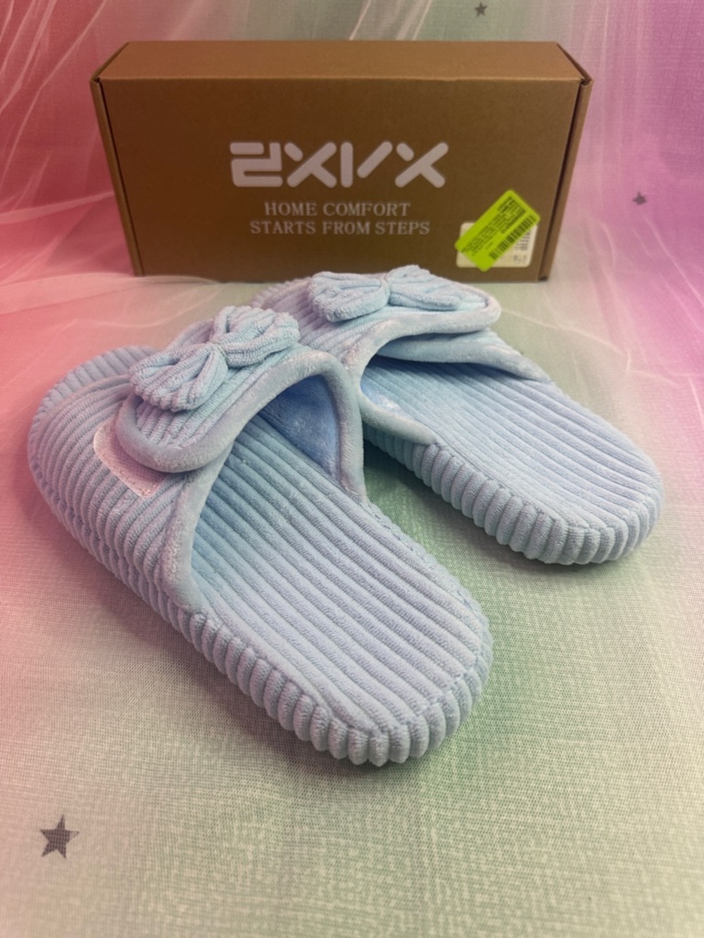 Baby Blue Ribbed Bow Slide Slippers - Picture 4 of 10